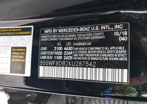 2019 Mercedes-Benz C 300 из США, поврежденный, VIN 55SWF8DB2KU287542